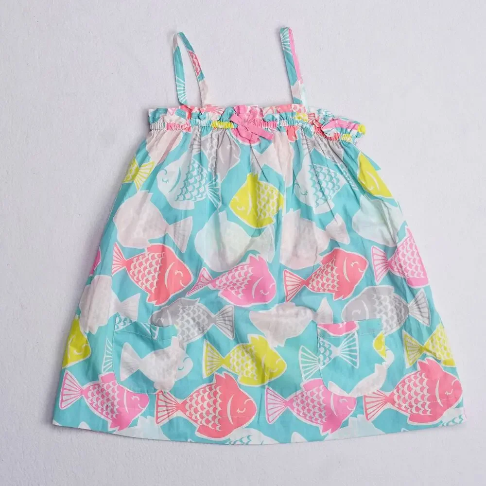 Carters Girls Sundress Fish Print Aqua Pink Yellow Cotton Size 6X
